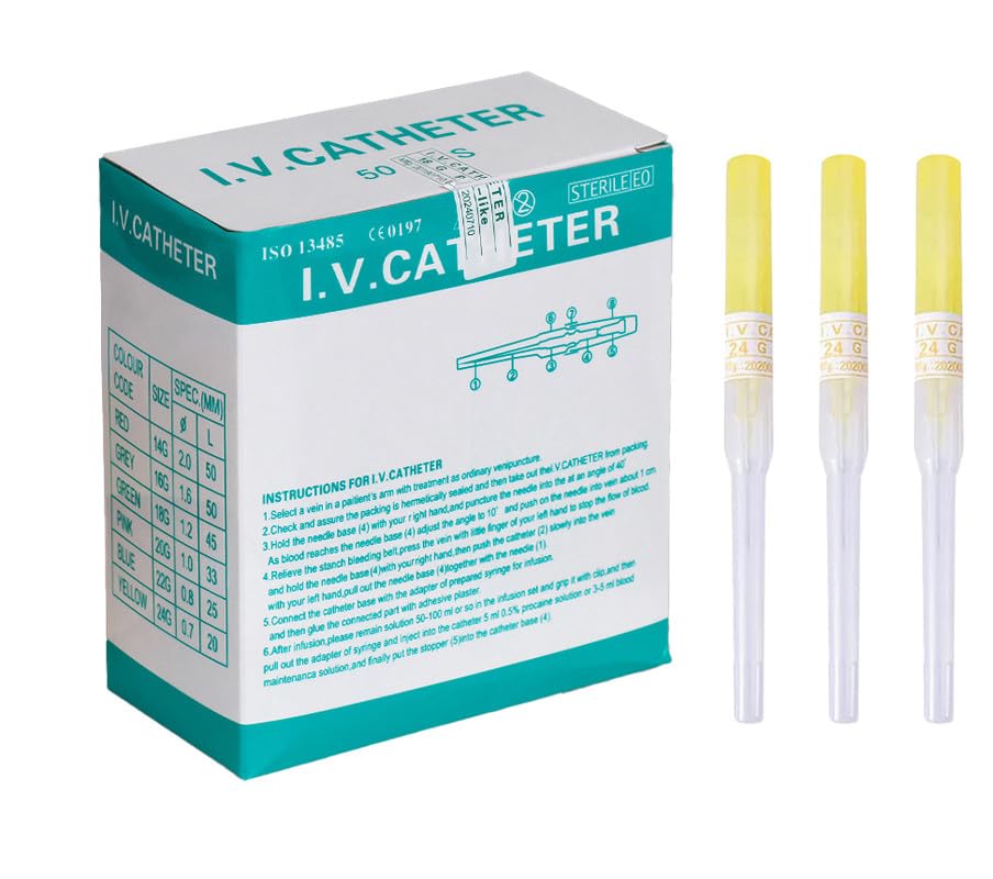 I.V. Catheter Piercing Needles Stainless Steel Body Piercing Needles for Lip Eyebrow Navel Earrings, Yellow 24G 50pcs