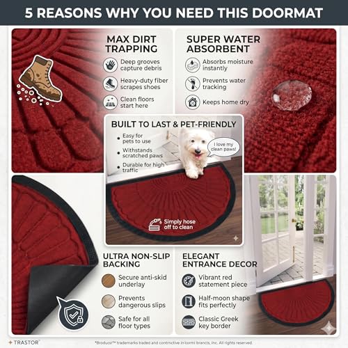 Image of Heavy Duty Half Round Doormat for Outdoor Entrance - Waterproof Low-Profile Rubber Backed Welcome Mat with Anti-Slip Grip & Dirt Trapping Design Front Door Rug (Red, 45 x 75 CM)
