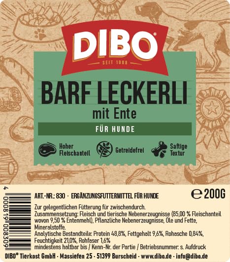 Dibo Barf Leckerli, 200g Pferd, Wild, Strauß, Lamm, Ente Hundesnack klein und praktisch Trainings Hundeleckerlies zuckerfrei, gesund und lecker (Ente)