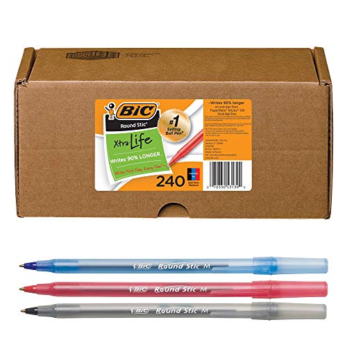 Image of BIC Round Stic Xtra Life Ballpoint Pen, Medium Point (1.0mm), Black /Red /Blue - Box of 240 Assorted Ball Pens