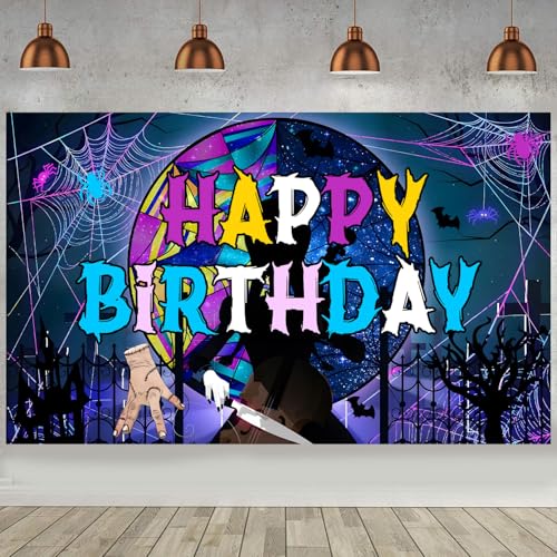 Wednesday Birthday Decorations Wednesday Happy Birthday Banner Backdrop for Fans Kids Birthday Party Supplies (70.86 * 43.3Inch)
