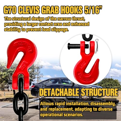 Image of G80 Transport Binder Chain 5 /16 inch x10ft - 4900 lbs WLL Heavy Duty Tow Chain for Trailers & Trucks - Clevis Grab Hooks (Oiled Black) - ASTM A306 Compliant