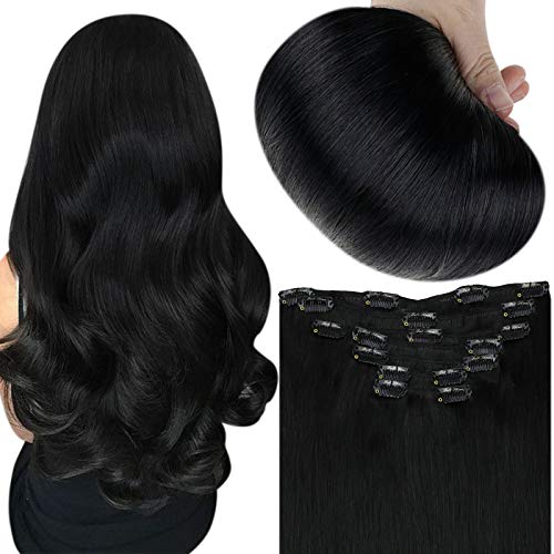 Clip in Hair Extensions 16 Inch Color 1 Jet Black Straight Hair Extensions Clip in Human Hair 7 Pcs 100 Grams Double Wefted Clip in Hair Extensions for Women