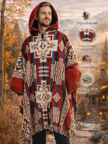 Image of Wool Poncho Adult Ponchos With Hood for men Alpaca Poncho Men Artesanal Ponchos Adult Alpaca Mens Panchos
