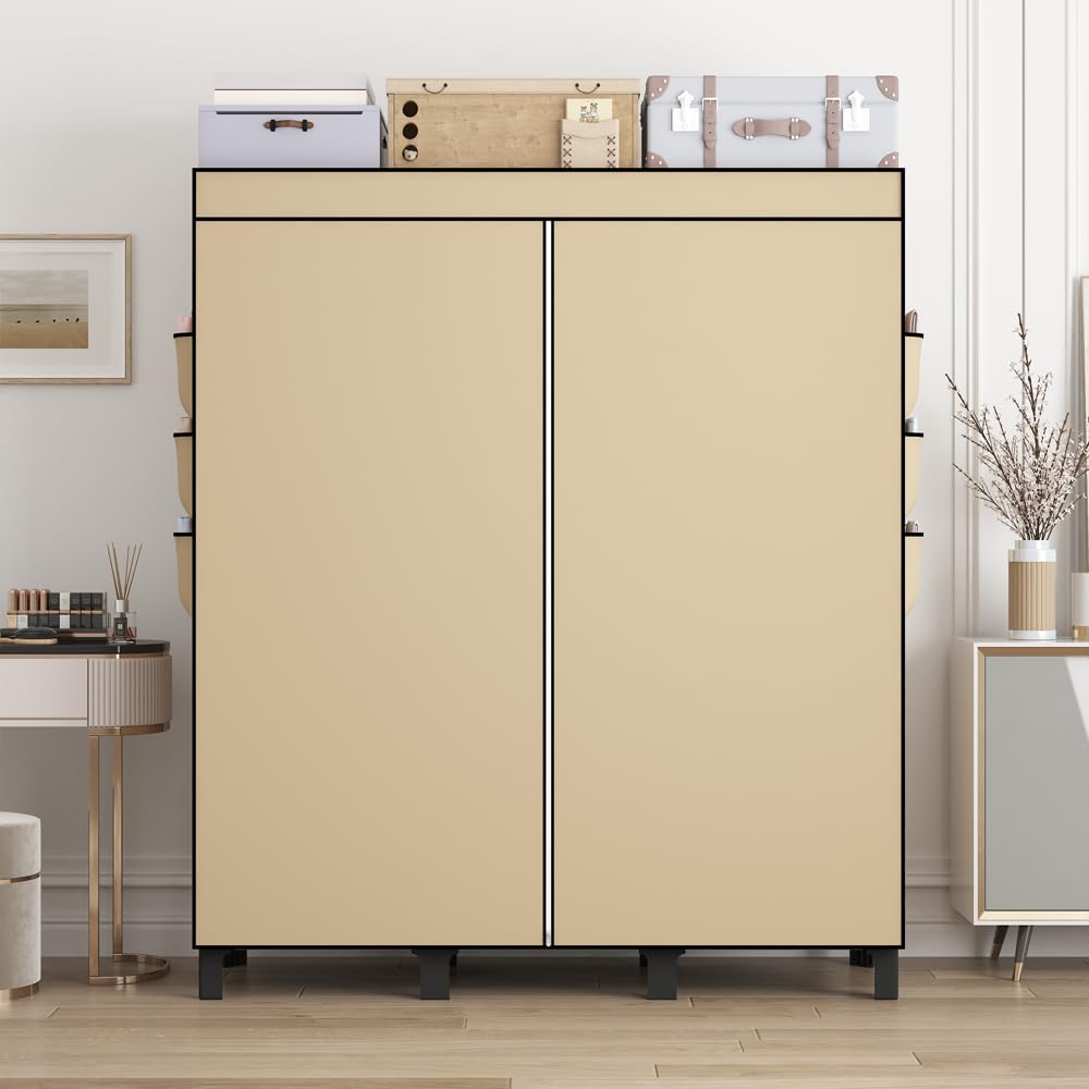 Tragbarer Vlies-Stoffschrank 130x45x170cm faltbar mit 3 Hängebereichen & 18 Seitentaschen (Beige)