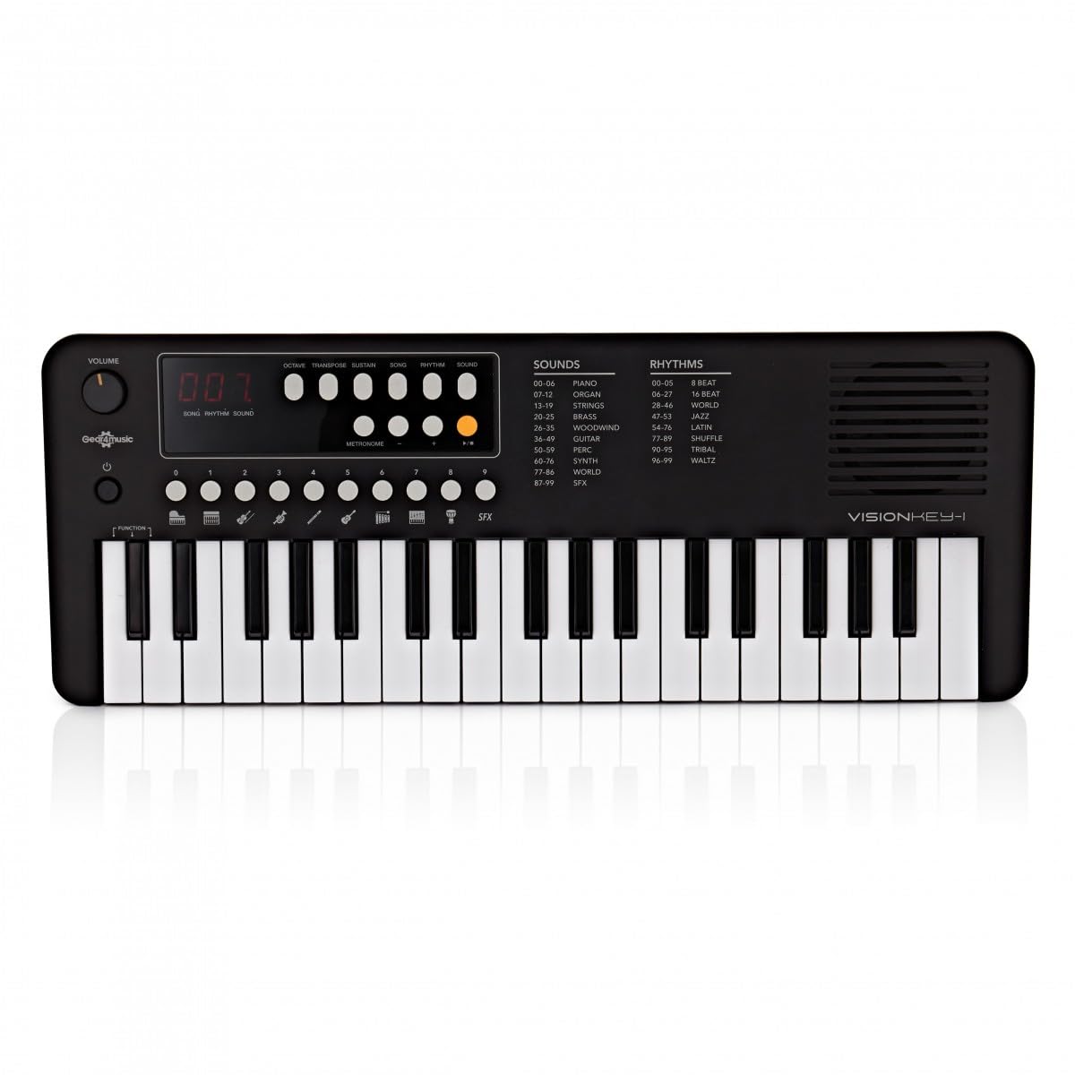 VISIONKEY-1 Mini Teclado Digital 37 Teclas para Niños y Principiantes | Piano Eléctrico de Mini Teclas con Auriculares, 3 Octavas, 100 Sonidos y Ritmos, USB-C o Pilas, Negro
