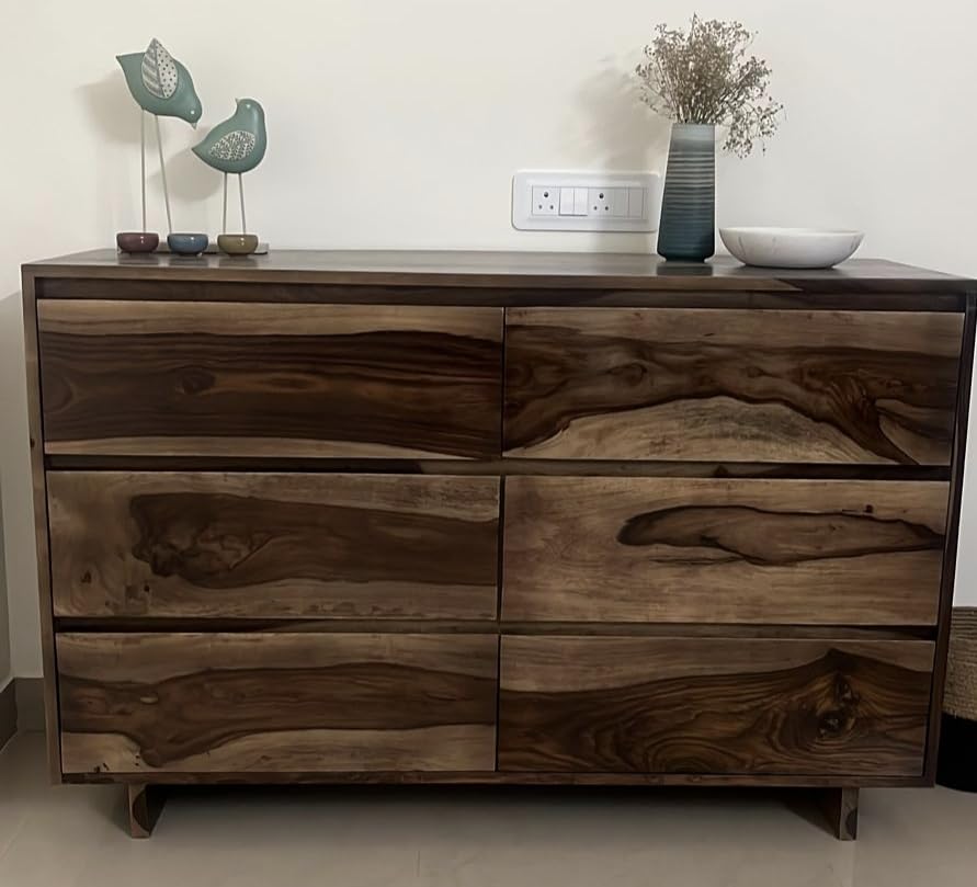 Image of Sheesham Wood Sideboard Cabinet with 6 Drawer Storage for Living Room Home and Office | Chest of 6 Drawer | Sheesham Wood (Light Black)