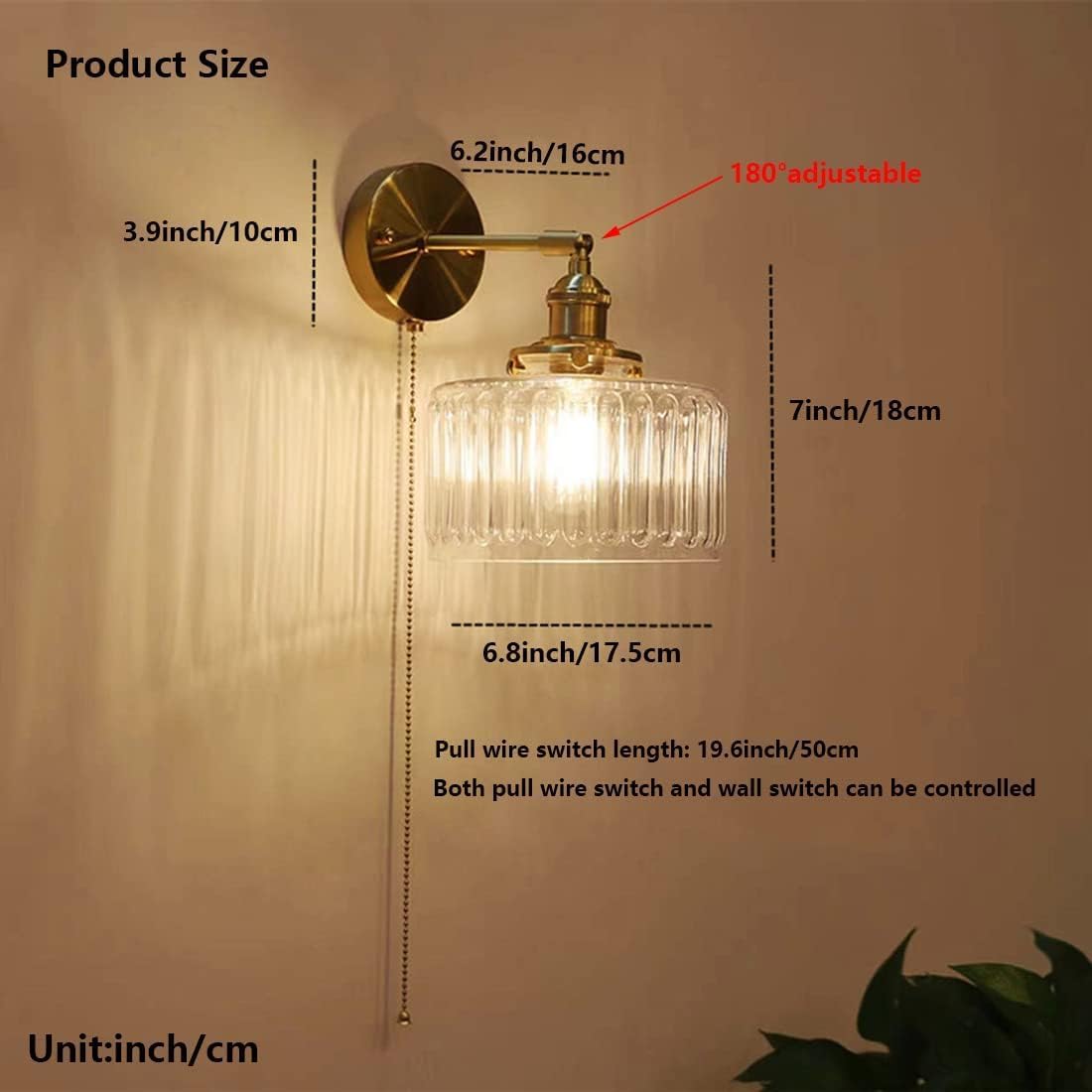 Modern Industrial Pull Chain Switch Wall Lamp Brass Wall Sconces with Galss Shade for Bedroom, Living Room, Hallway, Kitchen, Farmhouse, Hotel,Clear