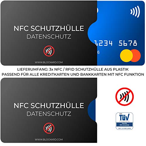 BLOCKARD TÜV geprüfte NFC Schutzhülle (3 Stück) aus Kunststoff für Kreditkarte Personalausweis EC-Karte Bankkarte 100% NFC-Schutz Kreditkarten Schutz-Hülle RFID-Blocker abgeschirmt