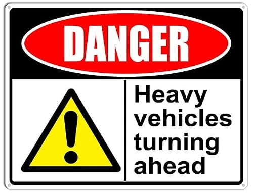 peiyeety Danger Sign Heavy Vehicles Turning Ahead Aluminum Tin Sign for Home Coffee Bar Wall Decor 8X12 Inch