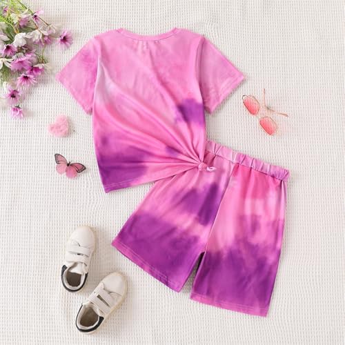 Image of 7-14Y Tween Girl Clothes 2 Piece Short Sleeve Tie Dye Heart Print Top and Shorts Teen Girl Summer Outfits Short Set
