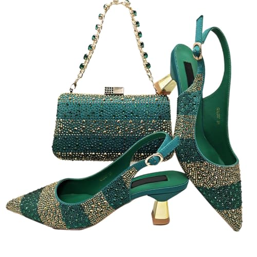Women's Gold High Heels and Bag Set Hollow Rhinestone High Heel Wedge Shoes Matching Bag