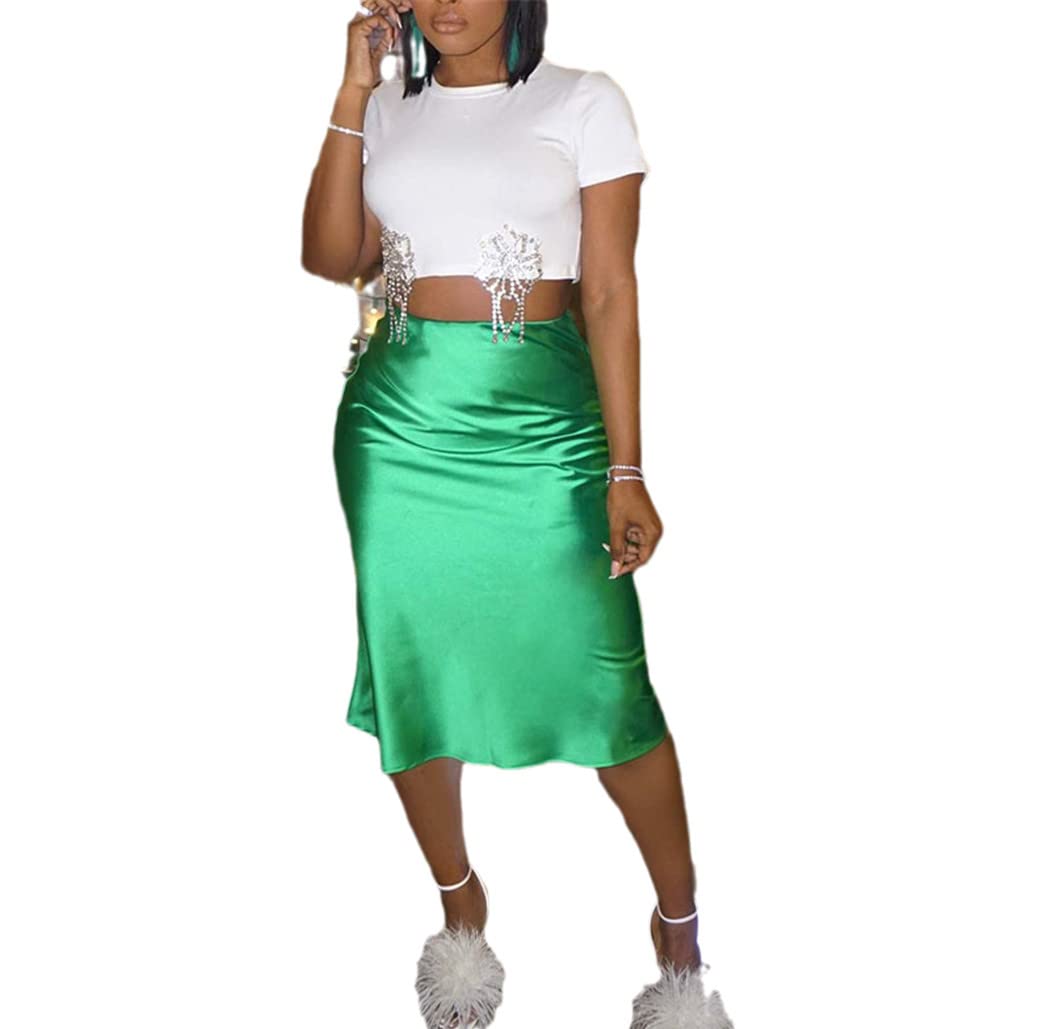 FULBHPRINT Jupe midi décontractée en satin soyeux pour femme