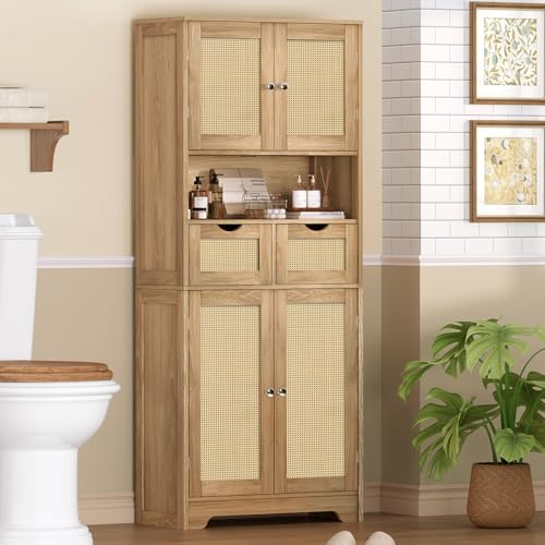 Image of TEENFON 57.8 inch H Tall Storage Cabinet with 2 Drawers & 2 Adjustable Shelves, Rattan Cabinets with 4 Doors, Cupboard, Kitchen Cabinets, Pantry Cabinet, Tall Cabinet for Living Room, Entryway, Natural