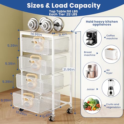 Goovilla Kitchen Cart with Drawers, 4 Tier Metal Rolling Utility Cart Organizer on Lockable Wheels with Wooden Top, White Fruit Vegetable Storage Rack Also for Cans, Snack, Craft, Art, Office, Beauty — view 3