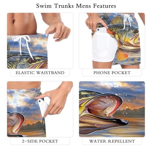 Mens Swim Trunks with Liner, Trout Water Swim Cool Quick Dry Beach Swim Shorts, Swimwear Bathing Suits S3
