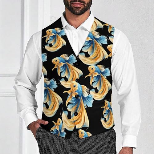 Gold Blue Betta Fish Men's Suit Vest Slim Fit Business Dress Party Pattern Waistcoat Vest Top2