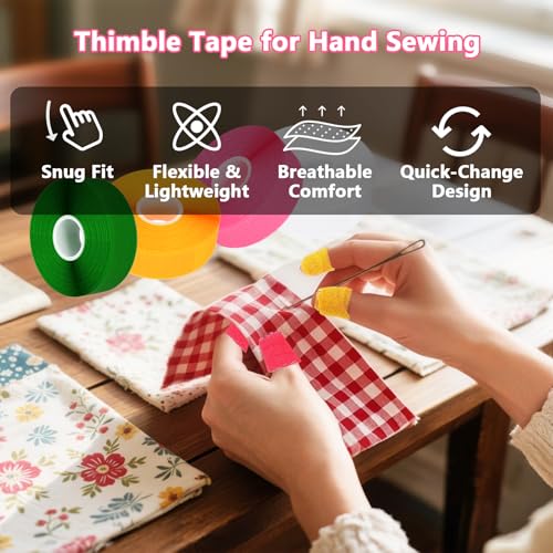 Thimbles for Hand Sewing & Quilting - 3 Pack Soft & Breathable Cotton Gauze Thimble Tape - Finger Protector for Hand Embroidery, Needlework, Needlepoint - Gift for Wives & Moms (Rainbow)