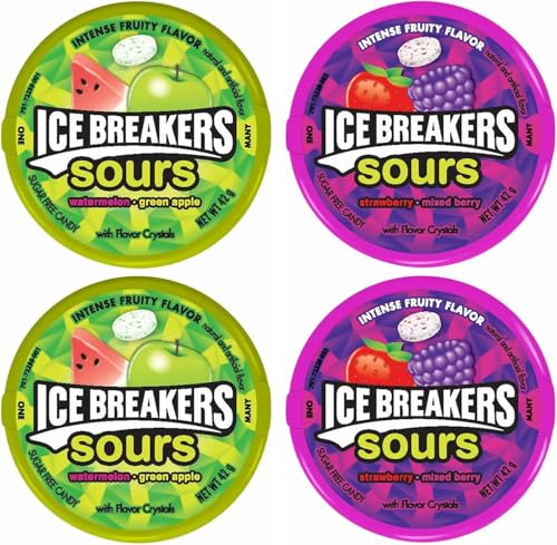 Ice Breakers - Caja de dulces agrios y caja de regalo de dulces ácidos, frutas rompehielos (sandía, manzana verde y bayas mixtas), sin azúcar, regalos especiales (4 x 42 g)