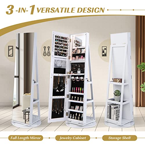 Goflame 360° Rotating Jewelry Cabinet With Full-Length Mirror, Freestanding Jewelry Armoire With 3-Color Led Light And Back Storage Shelf, Lockable Jewelry Organizer For Bedroom Cloakroom (White) #TOP7
