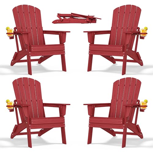 nevilywood Folding Adirondack Chair with Cup Holder Set of 4, HDPE Patio Chairs,All-Weather Outdoor Chairs for Backyard, Deck,Fire Pit-Red