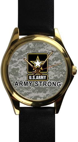 Special Design Military US Army, Army Strong Camouflage Background Unisex Silver-tone Round Metal Watch, Metal watch with black leather watchband