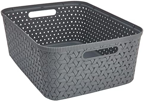 Store & Order Stackable Small Storage Basket x5, Decorative Plastic Box, Multi-Functional Boxes for around the home, Perfect Organiser Baskets for Kitchen or Bathroom Cupboard, White Rattan 6.7L