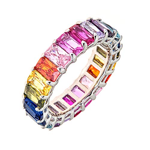 Maya J Eternity Ring - Emerald-Cut, with Artisan Fashioned Gemstones, Rainbow, Size 7