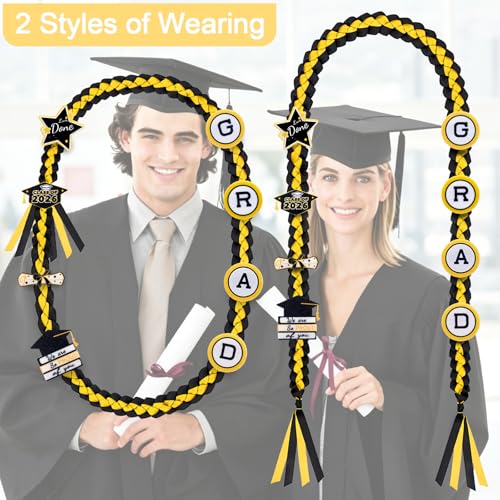 Image of Graduation Leis Class of 2026 Decorations, Handmade Double Braided Graduation Ribbon Leis with Glitter Pins for Him Her High School College Congrats Party Supplies (Black & Gold)