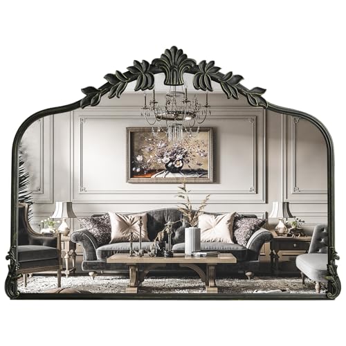 Image of WallBeyond Black Antique Mirror for Vanity 32x24 Inch, Black Vintage Mirror with Ornate Frame, Arched Vintage Wall for Bathroom, Living Room, Fireplace