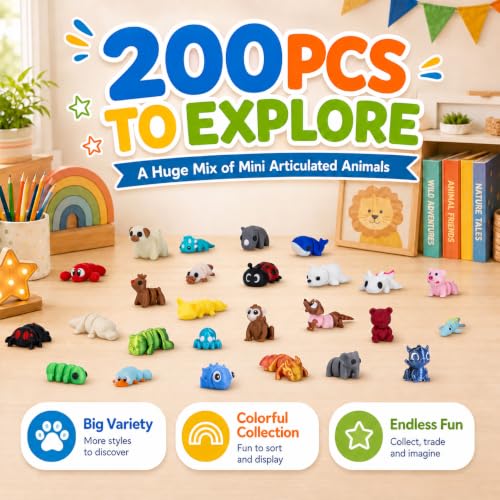 pkaoakyo 200 PCS Mini 3D Printed Animals Bulk, Articulated Animal Figurines Set, Flexible Fidget Toys, Desk Pets for Kids Party Favors, Classroom Rewards and Goodie Bag Stuffers - Image 2