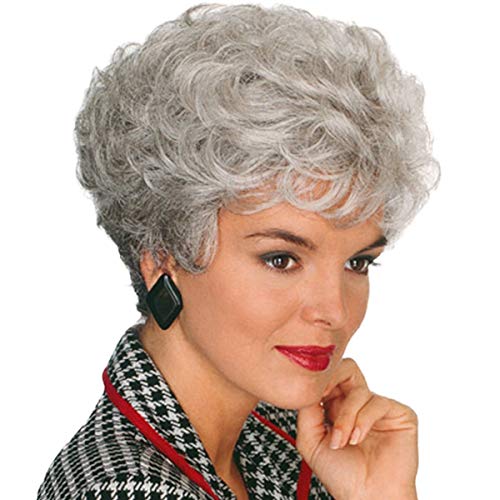 ELIM Gray Wigs for Women Short Curly Ladies Wig Synthetic Hair White Womens Full Wigs with Wig Cap (Silver Gray) Z120E