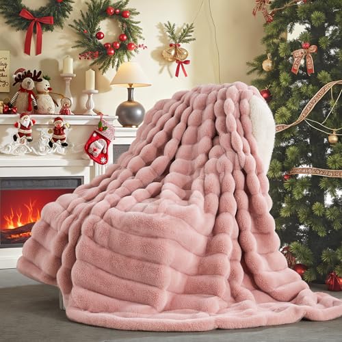 Image of NEXHOME PRO Faux Fur Throw Blanket Pink, Luxury Soft Decorative Cozy Plush Long Shaggy Fluffy Blanket for Sofa Couch Bed Living Room, Reversible Puffy Thick Warm Blanket for Winter, 50"X60"