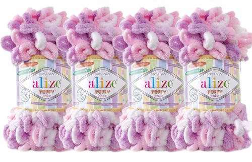 Image of Alize Puffy Color Baby Blanket Yarn Lot of 4skn 100gr 9.8 yards 100% Micropolyester Soft Yarn Hand Knitting Yarn (6051)