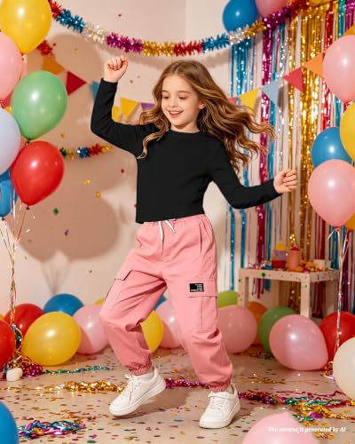 Image of Betusline Girls Fall Winter Clothing Sets, Long Sleeve Crop Top & Cargo Jogger Pants 2 Piece Outfit Sets,4T-14Y