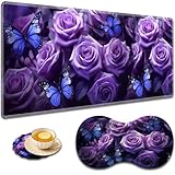 大型ゲームマウスパッド + 手首サポートパッド + コーヒーコースター、縫い目のエッジ付きデスクパッド、滑り止めセットパッド オフィスワークや自宅に最適 - パープルローズと蝶