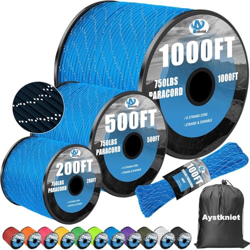 750Ib Reflective Paracord Rope,100', 4mm 11 Strand Parachute Spool Cord with Collecting Bag, para Cord Lanyard for Hammock, Camping, Hiking