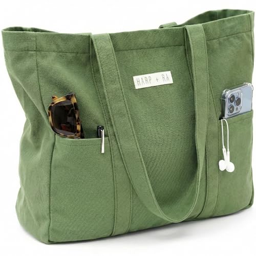Harp + Ra Extra Large Unscructured Canvas Tote Bag for Women - Open Top, Everyday Carry, Pockets - no zipper - Gift for Women (Forest Green)