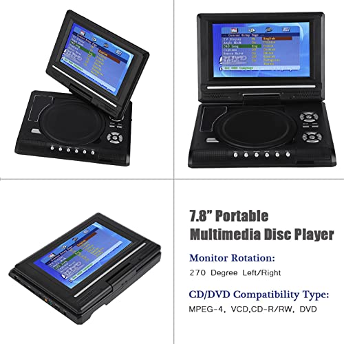 Lecteur DVD Portable de 8,2 Pouces avec écran Pivotant HD de 7 Pouces, Batterie Rechargeable Intégrée, Support CD/DVD/Carte SD/USB, Télécommande, Chargeur de Voiture (Prise UE)