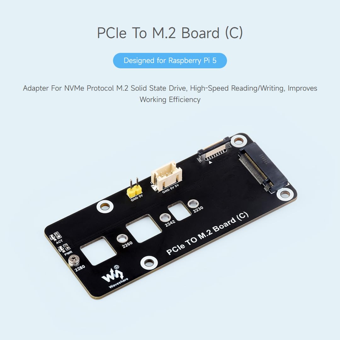 Waveshare PCIe To M.2 Adapter Board (C) For Raspberry Pi 5, Supports NVMe Protocol M.2 Solid State Drive, High-Speed Reading/Writing, With Transparent Acrylic Mounting Plate, Side-Mounting Solution