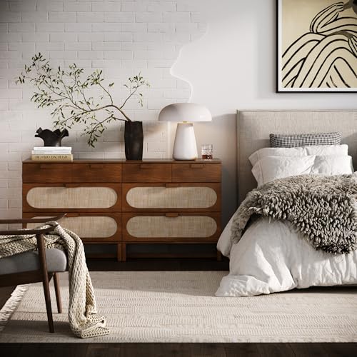 Image of Nathan James Paxton Mid-Century Modern Dresser for Bedroom, 3-Drawer Dresser with Solid Wood Frame and Textilene Rattan Accent, Dark Walnut