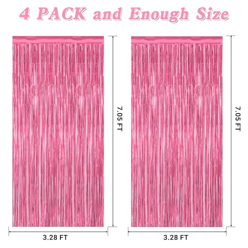Image of 4 Pack Birthday Decorations, 3.28 FT x 7.05 FT Pink Backdrop, Metallic Happy Birthday Backdrop Fringe Curtains Party Streamer, Bachelorette Party Decorations Princes Birthday Valentines Party Decor