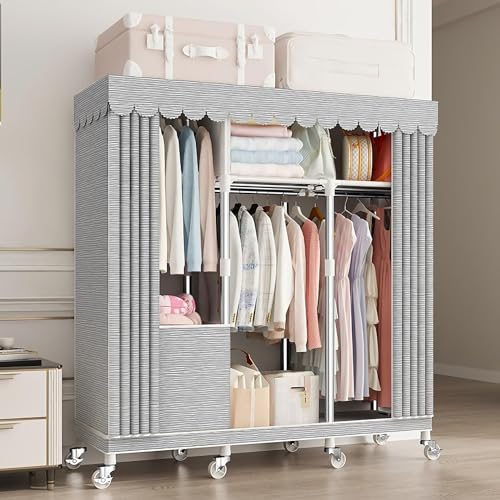 LIVIA ワードローブ カバー付き 大容量ハンガーラックキャスター付き防水 防塵 防汚 耐用衣類収納ラック寝室 多目的ストレージ シェルフポータブル移動可能衣装ラック (A)