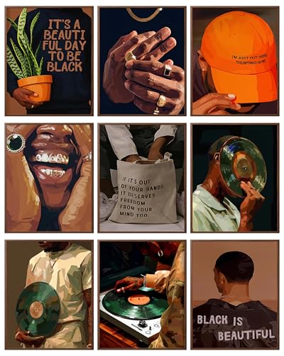 Black Culture Wall Art Set of 9 Black Man Trend Luxury Street Painting Pictures Decor Aesthetic Urban Art Posters for Bedroom Living Room Office Neutral Color Home Decor 8x10 Unframed