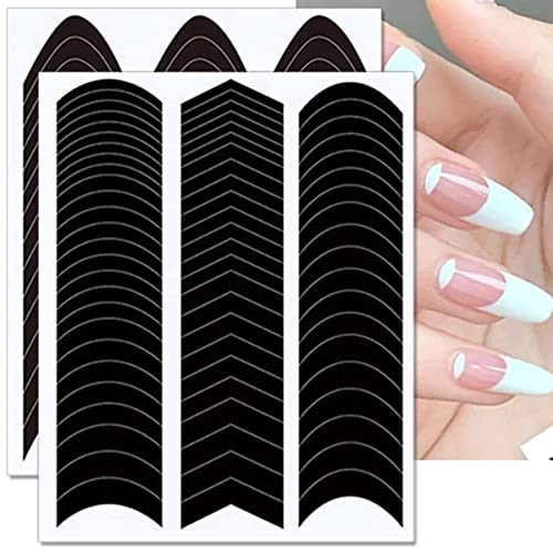 6 Sheets French Manicure Edge Auxiliary Nail Sticker- Wavy Line 3D Self -Adhesive Diy Template Nail Art Decals For Designer Nail Guides,French V-Shaped Stencils Fringe Nail Art Accessories Tools #TOP3