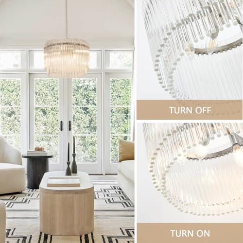 Image of 15.44 inch Drum Chandeliers Dining Room Brushed Nickel 6-Lights | Modern Round Glass Chandelier with Crystals for Living Room Kitchen Island Entryway Foyer Stairway Light Fixture