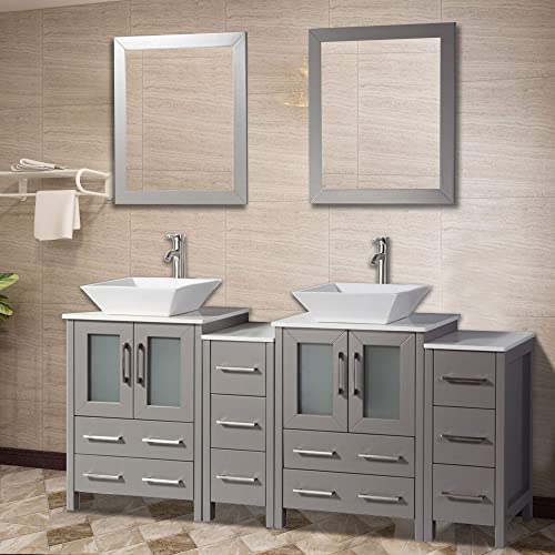 Vanity Art 72 Inch Double Sink Bathroom Vanity Compact Set 4 Cabinets 2 Shelves 10 Dove-Tailed Drawers Quartz Top And Ceramic Vessel Sink Bathroom Cabinet With Free Mirror Va3124-72-G #TOP3