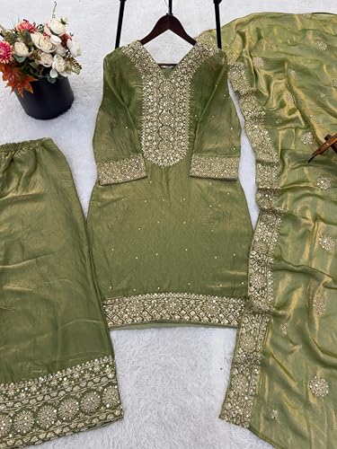 Image of JIYA'S Collection Women Eid Special Fendy Silk Embroidered Kurta Palazzo Set with Dupatta