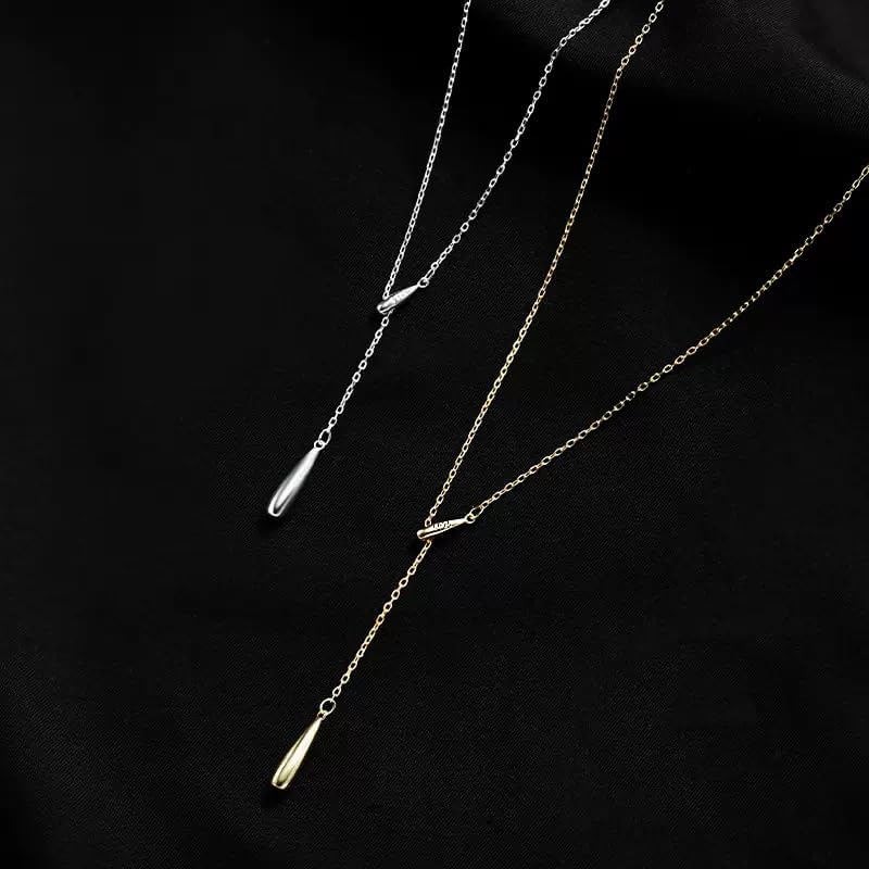 Teardrop Pendant Lariat Y Necklace, Dainty Long Necklaces 14k Gold Plated Sterling Silver Long Chain Necklace for Women Girls - Image 4