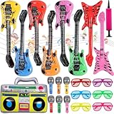 22Pcs Inflatable Instruments Party Props Set, Inflatable Photobooth Props with Inflatable Guitar Microphone Radio Shutter Shading Glasses for 80s 90s Themed Rock N Roll Party Favor Music Decorations